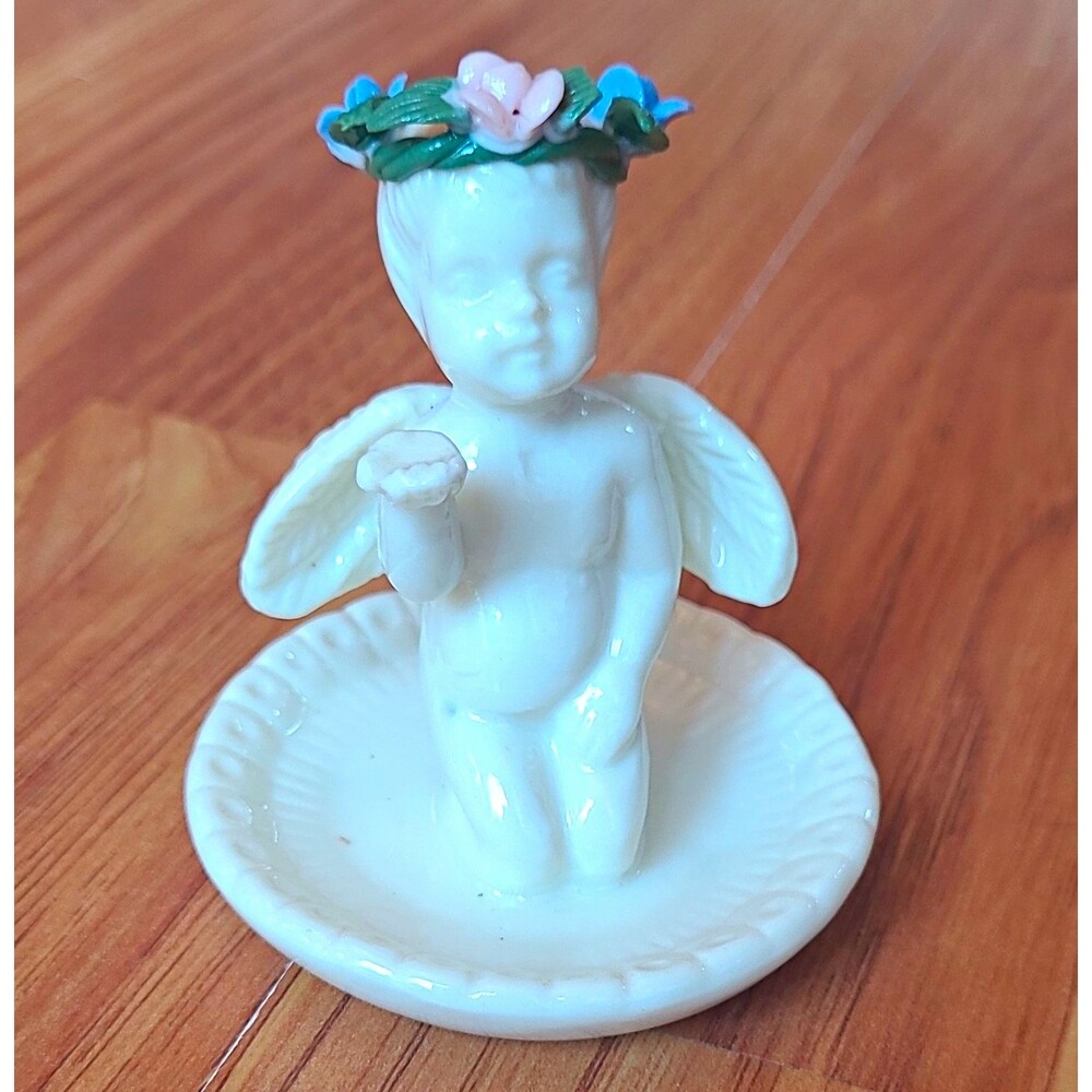 Ceramic Cherub Angel Figurine Floral Crown Ring Holder/Jewelry Dish